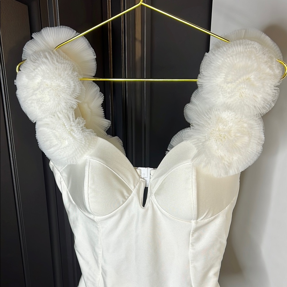 Elegant White Floral Pom Pom Strap Body Suit/ Swimsuit